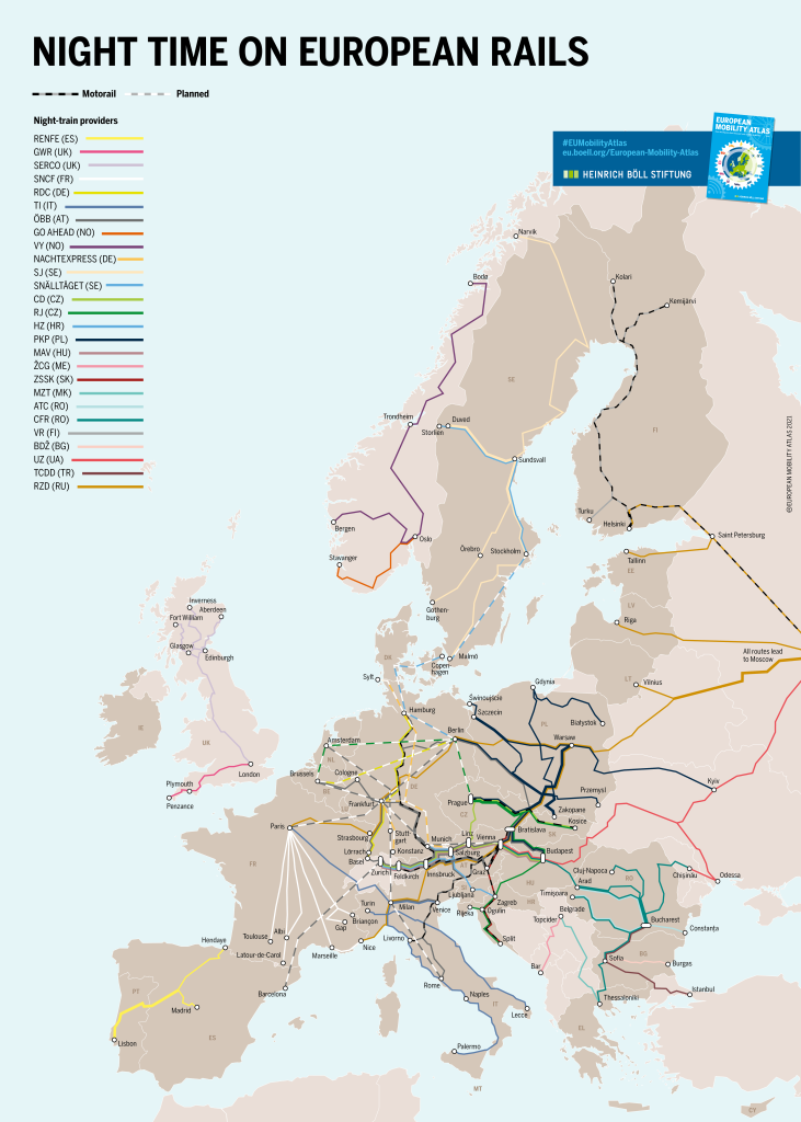 Night train routes in Europe